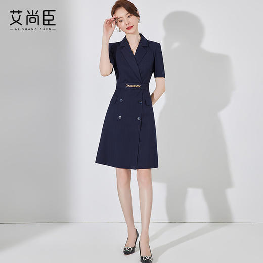 高端职业连衣裙女夏季工作服藏青色短袖西装裙通勤气质工装裙正装 商品图2