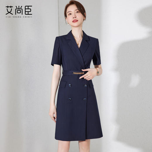 高端职业连衣裙女夏季工作服藏青色短袖西装裙通勤气质工装裙正装 商品图0