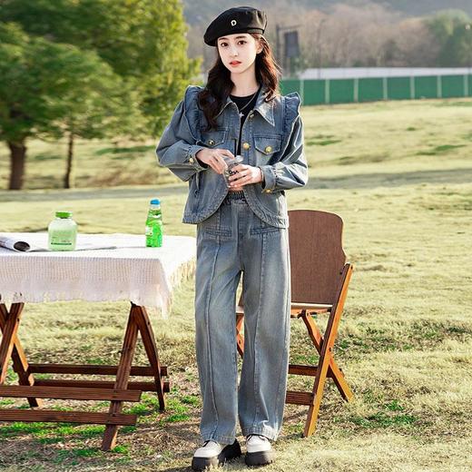 女童春装套装2024新款洋气女大童春秋款儿童春季牛仔阔腿裤两件套 商品图1
