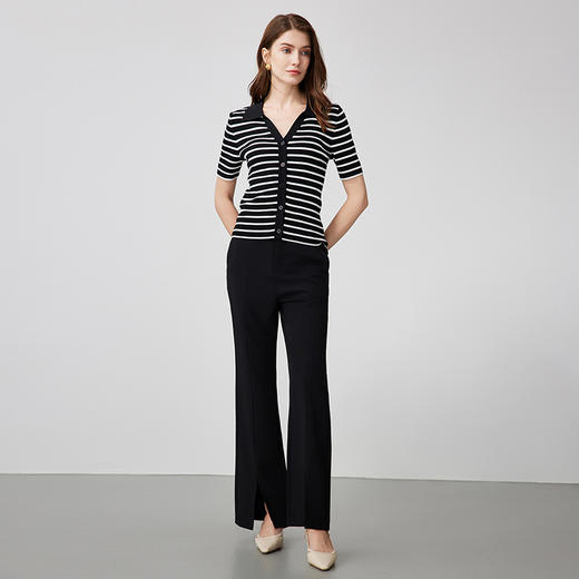 EITIE爱特爱修身显瘦黑白条纹翻领气质百搭针织衫上衣夏新款B2401306针织衫 商品图4