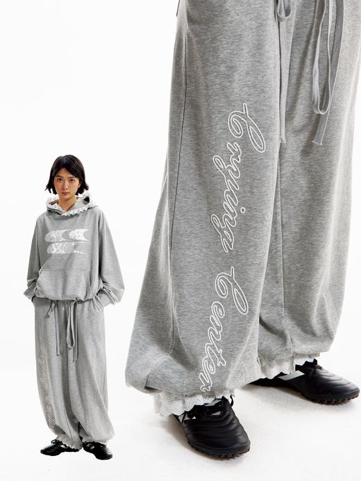 CryingCenter 花灰慵懒芭蕾风休闲宽松刺绣蕾丝花边束脚长卫裤 商品图2