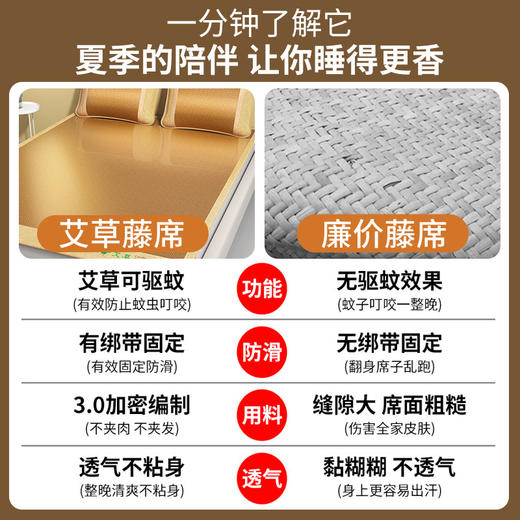 【艾草驱蚊席 冰丝凉席三件套】双面古藤席子 空调席 家用可折叠凉席 商品图3