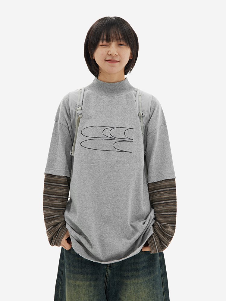 CryingCenter  刺绣螺纹高领假两件长袖情侣T恤宽松落肩 哭喊中心