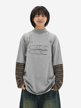 CryingCenter  刺绣螺纹高领假两件长袖情侣T恤宽松落肩 哭喊中心