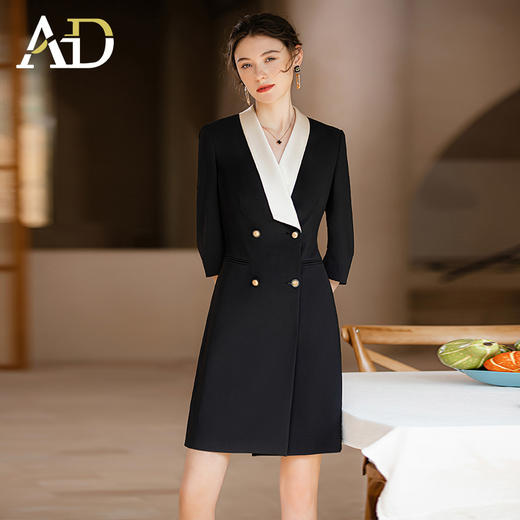 AD高级感香槟色接拼领醋酸连衣裙女2023春夏双排扣西装裙主持服装 商品图3