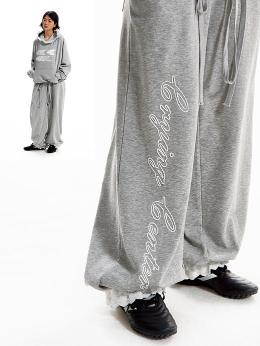 CryingCenter 花灰慵懒芭蕾风休闲宽松刺绣蕾丝花边束脚长卫裤 商品图0