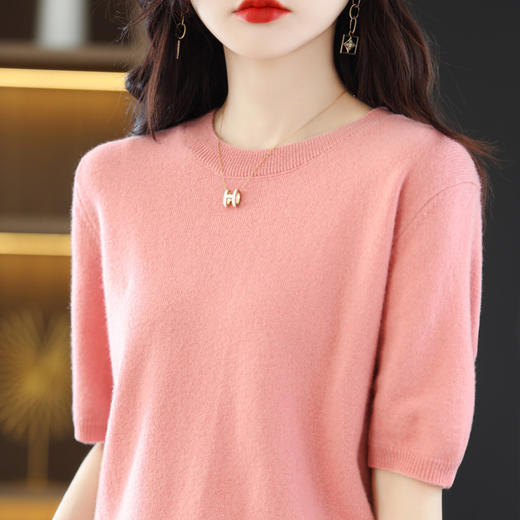 丁摩~100纯羊毛圆领五分袖针织衫女春秋短袖上衣宽松中袖T恤纯色打底衫JJIA209 商品图7