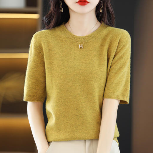 丁摩~100纯羊毛圆领五分袖针织衫女春秋短袖上衣宽松中袖T恤纯色打底衫JJIA209 商品图0