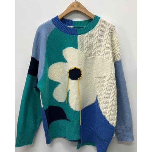 两三事2023冬季新款森女风拼色流苏花朵图案网红套头毛衣提花女 商品图0