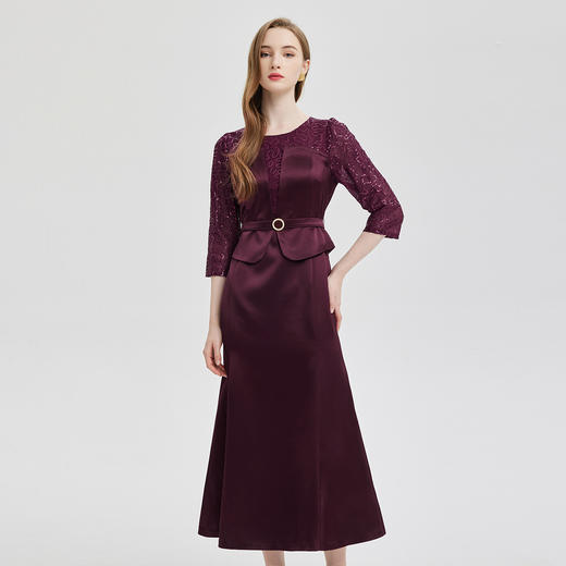 PE818斯尔丽24新款法式浪漫拼接蕾丝假两件式七分袖奢华简约礼服连衣裙 商品图0