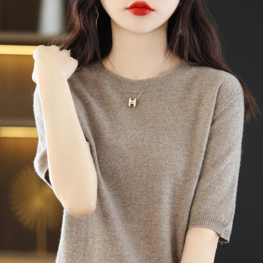 丁摩~100纯羊毛圆领五分袖针织衫女春秋短袖上衣宽松中袖T恤纯色打底衫JJIA209 商品图5