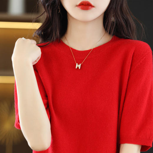 丁摩~100纯羊毛圆领五分袖针织衫女春秋短袖上衣宽松中袖T恤纯色打底衫JJIA209 商品图8