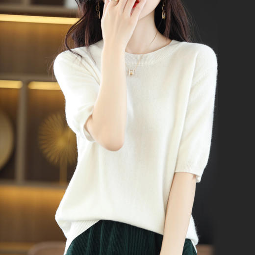 丁摩~100纯羊毛圆领五分袖针织衫女春秋短袖上衣宽松中袖T恤纯色打底衫JJIA209 商品图9