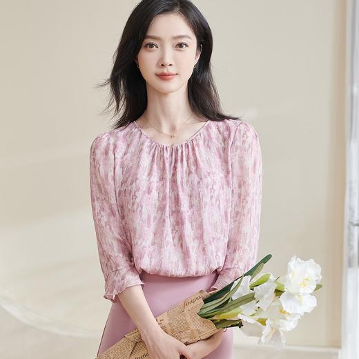 米思阳2026春季新品粉色印花衬衫甜美减龄轻薄气质时尚上衣1506 商品图1