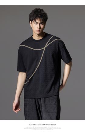 PINLI品立2024夏季新款男士拼接短袖T恤锁链织带潮牌宽松休闲体恤B242111042