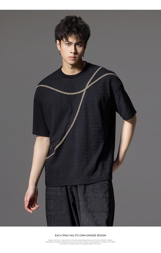 PINLI品立2024夏季新款男士拼接短袖T恤锁链织带潮牌宽松休闲体恤B242111042 商品图0