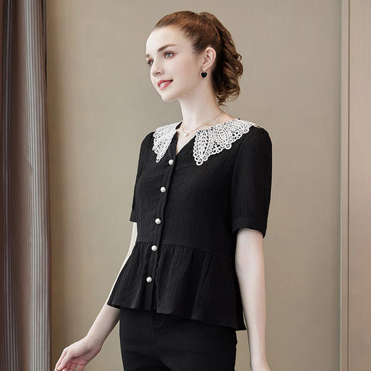奢姿2024年夏季新款大码女装减龄花边V领百搭上衣胖妹妹时尚衬衫9942253383 商品图1