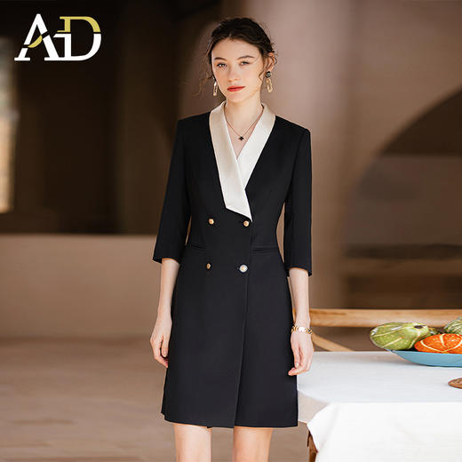 AD高级感香槟色接拼领醋酸连衣裙女2023春夏双排扣西装裙主持服装 商品图2