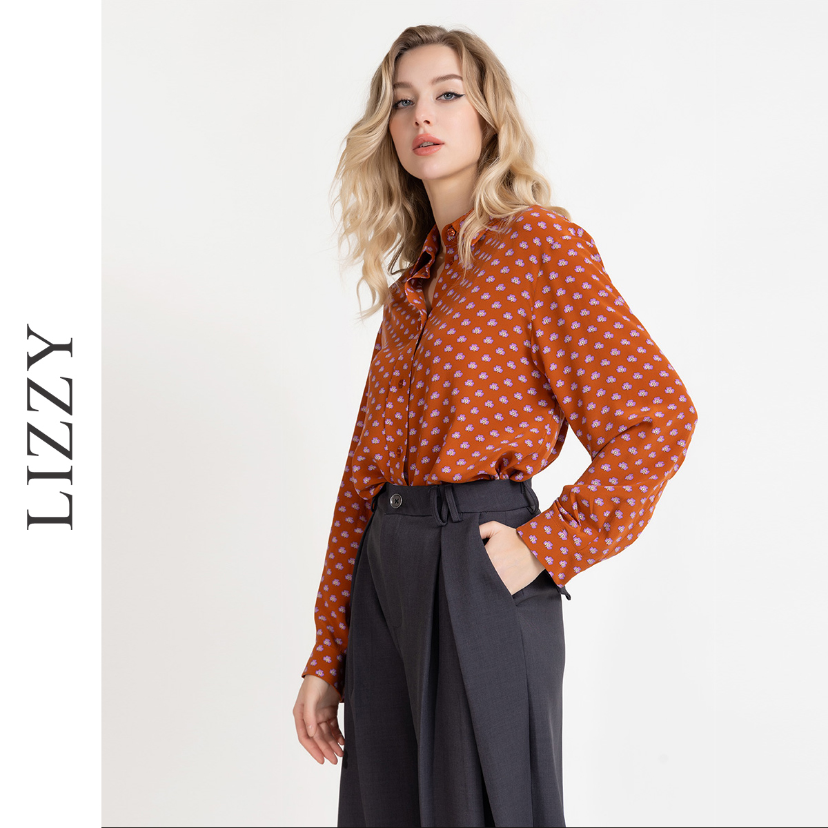 LIZZY 时尚波点重磅桑蚕丝休闲通勤优雅长袖衬衫7981