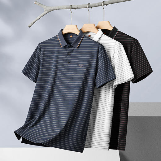 【冰丝高弹】【新款DDP】大依优型大码条纹翻领短袖Polo衫加肥加大男士大号弹力透气舒适夏季半袖 商品图1