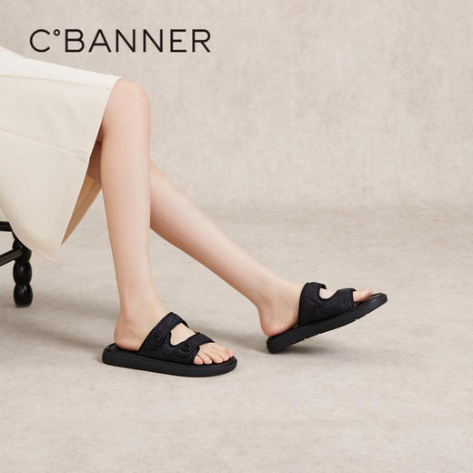 千百度黑色一字拖女夏季平底踩屎感拖鞋外穿拖鞋A24375180 商品图0