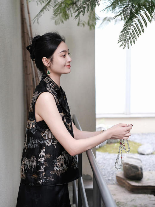 盛唐牡丹 |黑色真丝绡如意湖亭马甲 商品图7