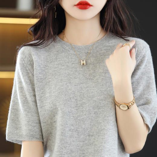 丁摩~100纯羊毛圆领五分袖针织衫女春秋短袖上衣宽松中袖T恤纯色打底衫JJIA209 商品图11