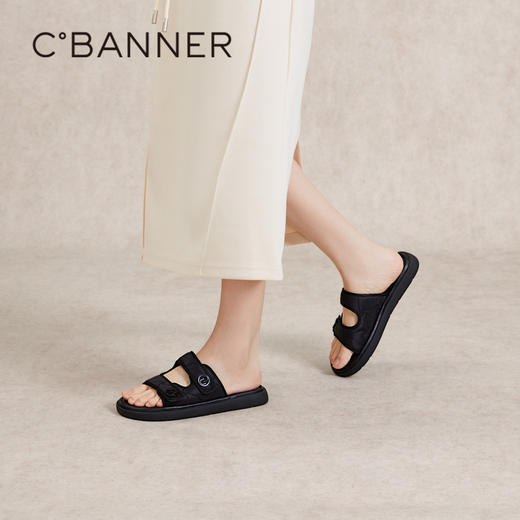 千百度黑色一字拖女夏季平底踩屎感拖鞋外穿拖鞋A24375180 商品图4