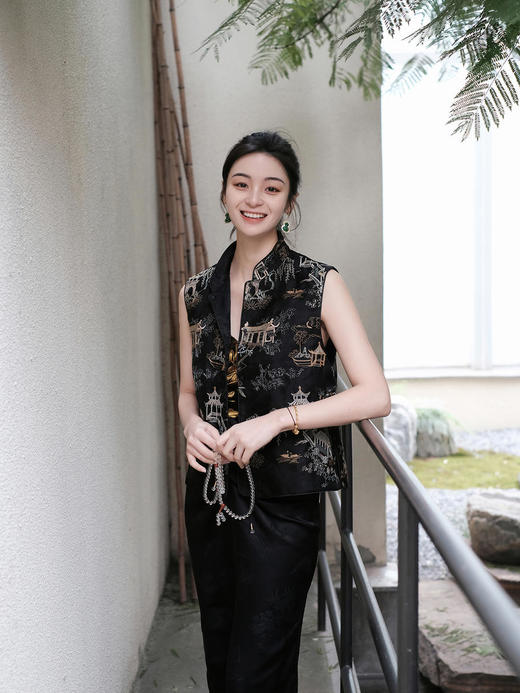 盛唐牡丹 |黑色真丝绡如意湖亭马甲 商品图10