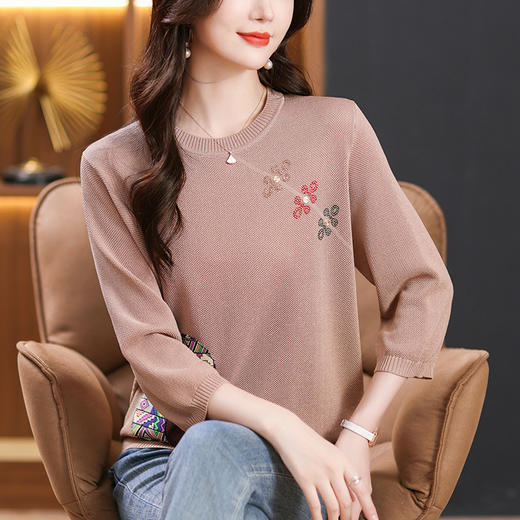 CC10-5128春装2024新款七分袖上衣冰丝针织衫百搭宽松大码印花夏天t恤 商品图3