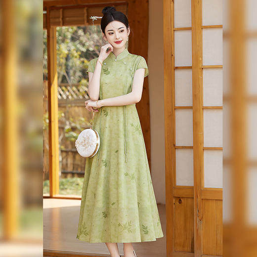优雅新中式，改良旗袍领收腰连衣裙HR-YBER121 商品图1