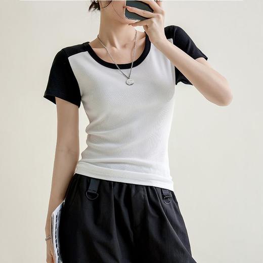 凉感螺纹撞色圆领修身棉T恤女2024春夏新款高弹内搭显瘦上衣 商品图2