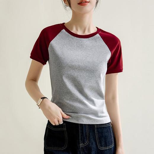 冰感棉插肩袖撞色修身圆领短袖T恤女2024春夏新款韩系套头上衣 商品图3