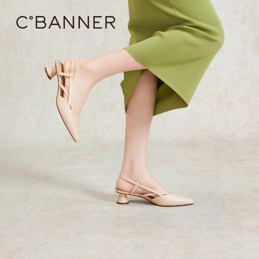 千百度通勤时装凉鞋女夏季粗中跟尖头后空凉鞋A24206055 商品图4