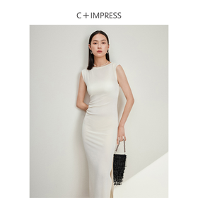 西嘉C+IMPRESS/西嘉水波纹长款名媛连衣裙女气质圆领收腰显瘦褶皱醋酸LYQ2401100
