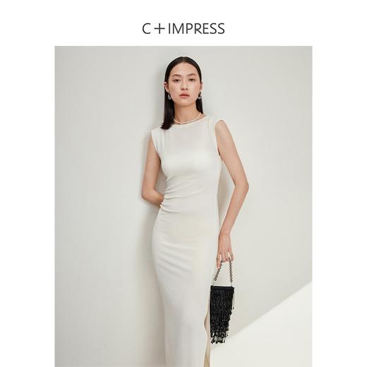 西嘉C+IMPRESS/西嘉水波纹长款名媛连衣裙女气质圆领收腰显瘦褶皱醋酸LYQ2401100 商品图0