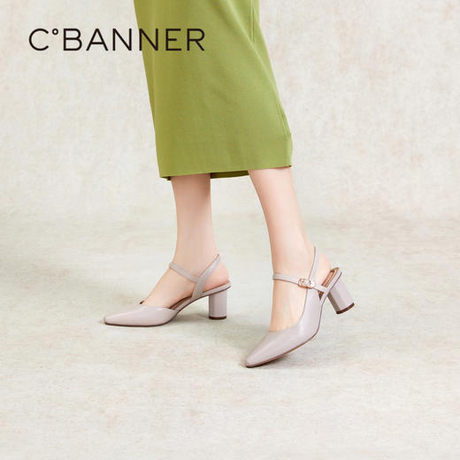 千百度包头粗高跟时装凉鞋女夏季后空羊皮尖头半凉鞋通勤A24229799 商品图2