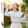 littletime女童荷叶领长袖t恤上衣2024新款春秋款白色法式打底衫 商品缩略图1