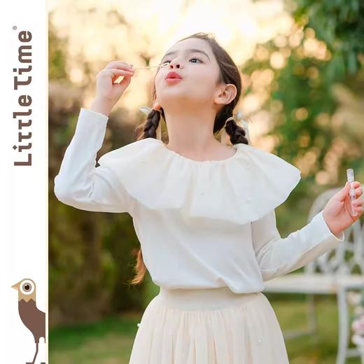 littletime女童荷叶领长袖t恤上衣2024新款春秋款白色法式打底衫 商品图1