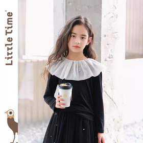 littletime女童荷叶领长袖t恤上衣2024新款春秋款白色法式打底衫