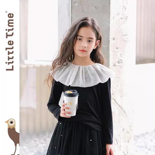 littletime女童荷叶领长袖t恤上衣2024新款春秋款白色法式打底衫 商品图0