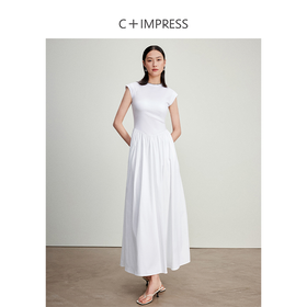 西嘉C+IMPRESS/西嘉高支新疆长绒棉针织拼接防透白色长款连衣裙女春夏LYQ2401093