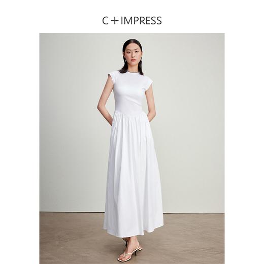 西嘉C+IMPRESS/西嘉高支新疆长绒棉针织拼接防透白色长款连衣裙女春夏LYQ2401093 商品图0