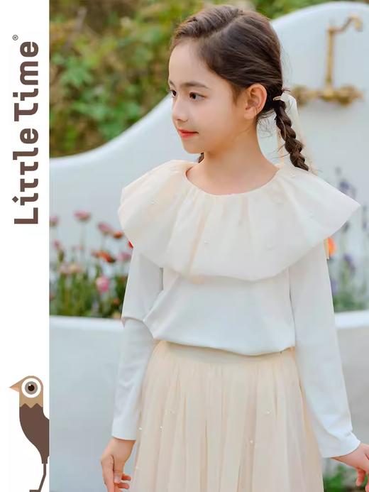 littletime女童轻奢珍珠2024新春款法式小香风荷叶领T恤 商品图1