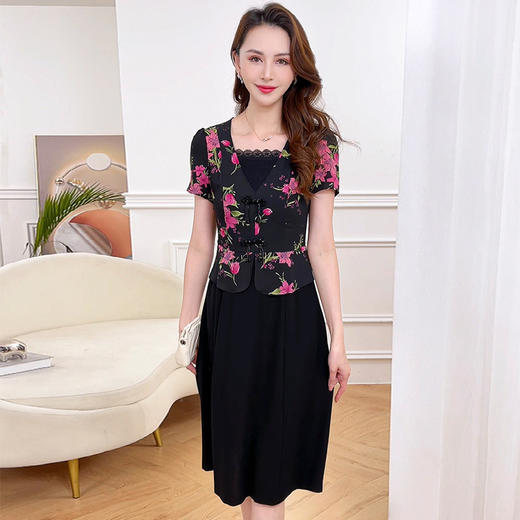 印花拼结短袖连衣裙女2024年夏季新款中式假两件中长款A字裙 商品图2
