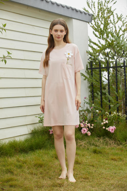 【满2件/99元】【秀黛】女圆领口袋花朵短袖裙女士夏季短袖睡裙L2551072T【门店同款】 商品图3