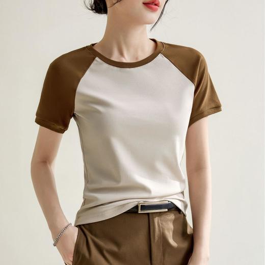 冰感棉插肩袖撞色修身圆领短袖T恤女2024春夏新款韩系套头上衣 商品图2