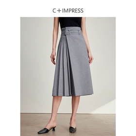 西嘉C+IMPRESS/西嘉格雷系灰色半身裙女高腰不对称压褶改良通勤马面裙BQ2401055