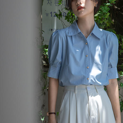 HT-7399法式蓝色短袖泡泡袖衬衫女夏季设计感小众衬衣冷淡系独特别致上衣 商品图1