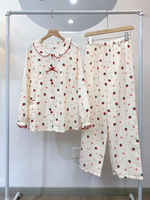 女款《草莓花》长袖长裤套装2024春季新款甜美可爱小草莓双层纱睡衣家居服 商品图0